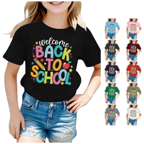WEIGFI Child Toddler Girls Back To School Tshirts Kindergarten First Day Of School Clothes Colorful Letter Graphic Short Sleeve Crew Neck Casual Daily Wear Summer Soft Party Tops,Black,3-4 Years