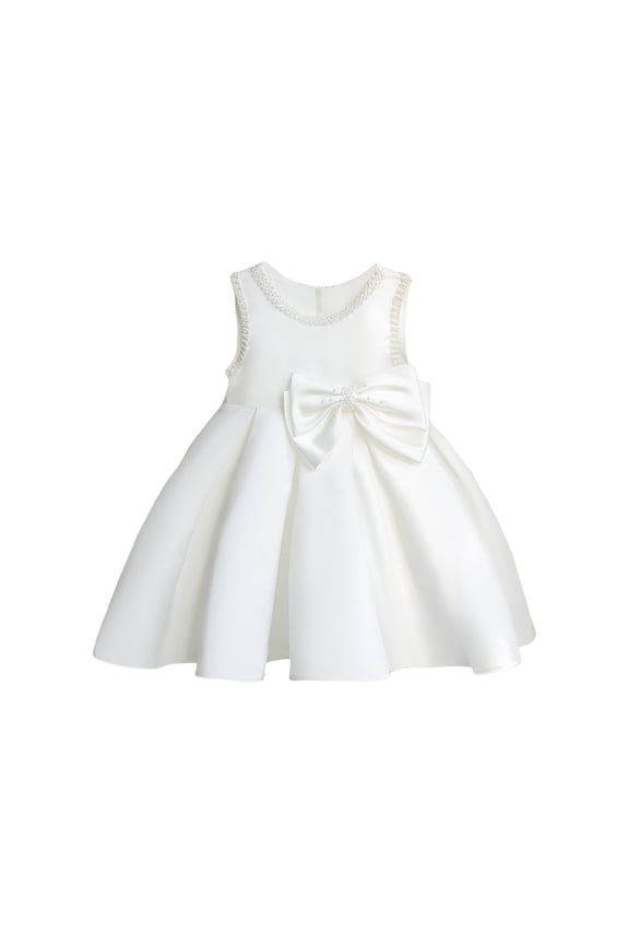 Child Toddler Girls Dress Wedding Ball Gown Formal Dressy Solid Color Crew Neck Sleeveless Tutu Bowknot Sparkling Pearl Performance Graduation Elegant Soft Photo Sundress,White,2-3 Years
