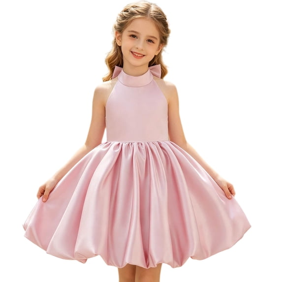 WEIGFI Child Toddler Girls Dress Wedding Puff Tutu Ball Gown Formal Dressy Bowknot Elegant Solid Color Halter Neck Strapless Performance Graduation Dresses Soft Photo Sundress,Pink,6-7 Years
