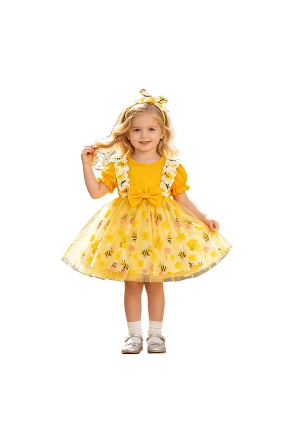 Child Toddler Girls Dresses Bowknot Puff Sleeve Cartoon Bee Graphic Print Tulle Princess Birthday Wedding Tutu Performance Daily Summer Crew Neck Adorable Party Sundress,Yellow,18-24 Months