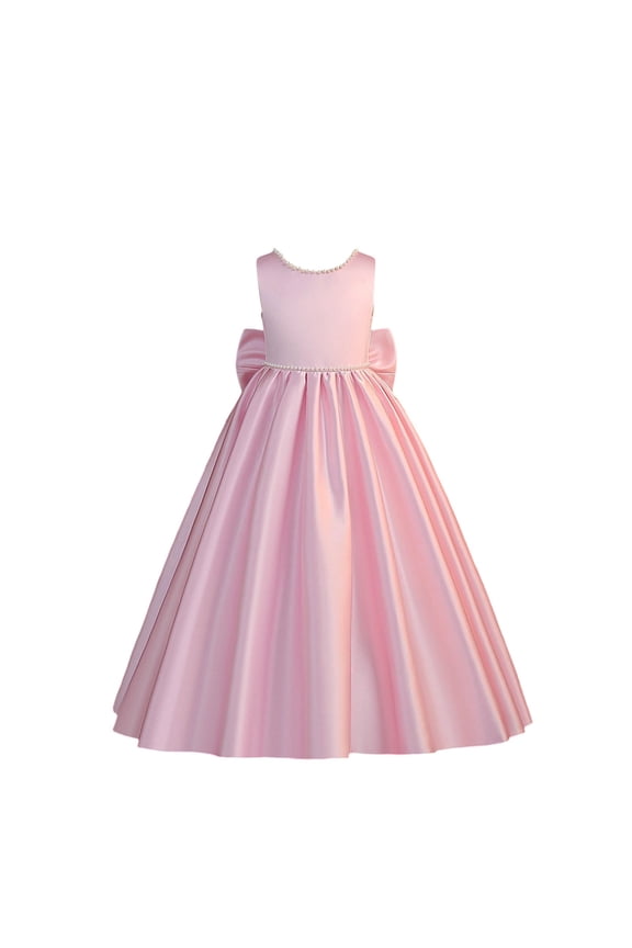 Child Toddler Girls Dresses Wedding Ball Gown Formal Dressy Solid Color Crew Neck Sleeveless Bowknot Pearl Performance Pleated Tulle Flowing Elegant Lovely Birthday Sundress,Pink,8-9 Years