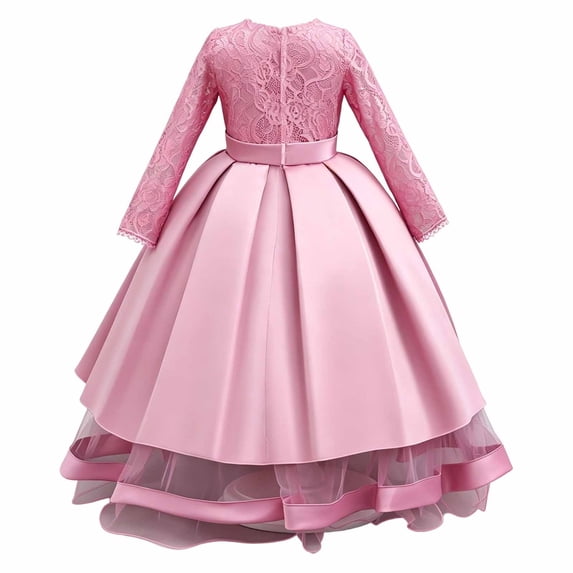 WEIGFI Child Toddler Girls Dresses Wedding Ball Gown Formal Dressy Solid Color Long Sleeves Crew Neck Princess Lace Tiered Performance Graduation Elegant Lovely Birthday Sundress,Pink,5-6 Years