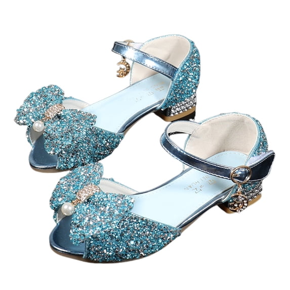 WEIGFI Child Toddler Girls Sandals Open Toe Soft Sole Bow Sparkle Everyday Wear Heeled School Comfort Summer Performance Dance Wear Adjustable Strap Lovely Party Slipper,Blue,8.5-9 Years