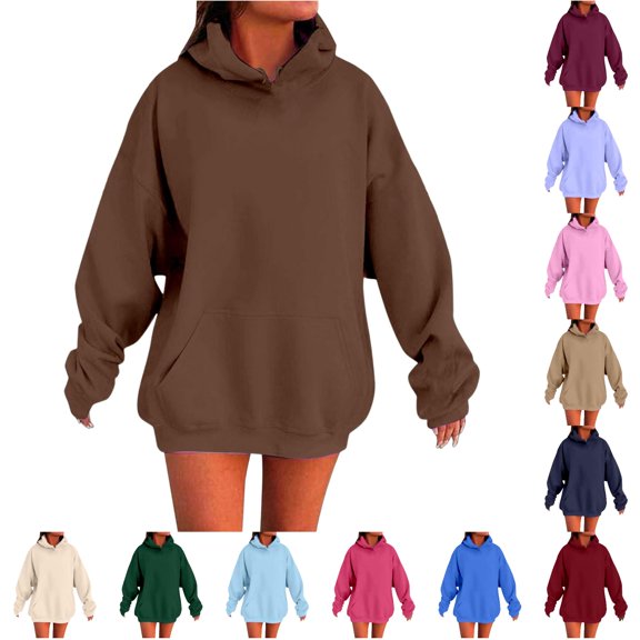 WEIGFI Hoodies For Women Sweatshirt Oversized Hooded Pullover With Pocket Soft Long Sleeve Solid Color Casual Fall Winter Stylish Party Daily Wear,Coffee,S