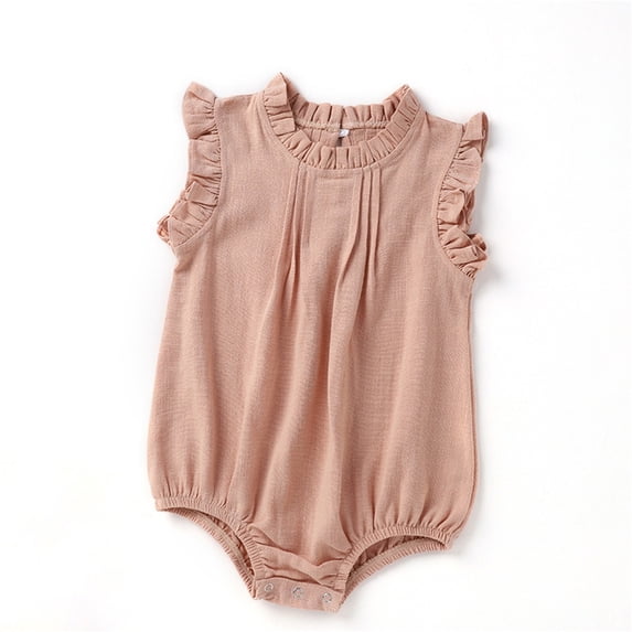 WEIGFI Girls Bodysuit Sleeveless Ruffles Romper With Snaps Solid Color Crew Neck Summer Casual Everyday Wear Cool Photo Overalls,Pink,3-6 Months