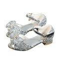 thumbnail image 1 of WEIGFI Infant Todder Girls Sandals Open Toe Soft Sole Bow Sparkle Everyday Wear Heeled School Comfort Summer Performance Dance Wear Adjustable Strap Funny Holiday Shoes,Silver,14-14.5 Years, 1 of 7