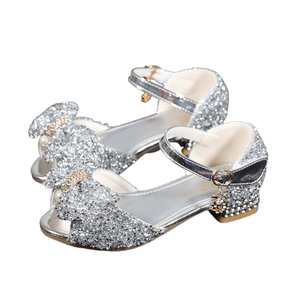 WEIGFI Infant Todder Girls Sandals Open Toe Soft Sole Bow Sparkle Everyday Wear Heeled School Comfort Summer Performance Dance Wear Adjustable Strap Funny Holiday Shoes,Silver,14-14.5 Years
