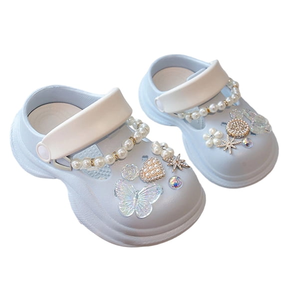 WEIGFI Infant Todder Girls Sandals Soft Sole Pearl Butterfly Summer Comfort Casual Closed Toe Clogs Lightweight Breathable Adjustable Strap Cute Party Slipper,Light Blue,15-16 Years