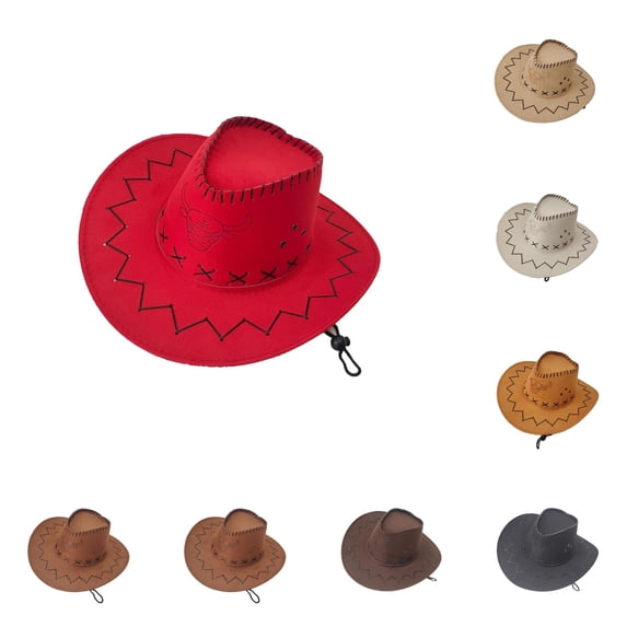 WEIGFI Kid Boys Girls Cowboy Hat Sun Cap Wide Brim Cap With Adjustable Chin Strap Solid Color Stage Performance Dress Up Casual Outdoor Summer Cute Beach Caps,Red,10-17 Years