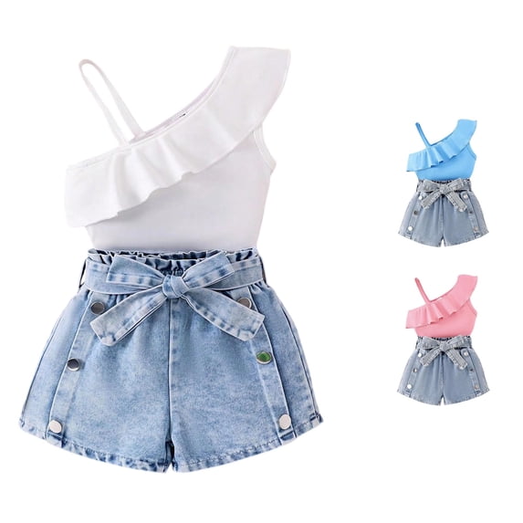 WEIGFI Kids Girls Outfit Sets Off Shoulder Tank Top And Denim Shorts 2 Piece Sleeveless Solid Color Bowknot Waist Belt Leisure Playwear Casual Summer Everyday Wear Sweet Holiday Sets,White,6-7 Years