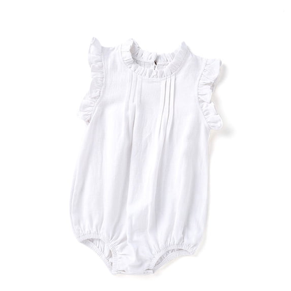 WEIGFI Girls Bodysuits For Baby Sleeveless Ruffles Romper With Snaps Solid Color Crew Neck Summer Casual Everyday Wear Lovely Birthday Overalls,White,0-3 Months