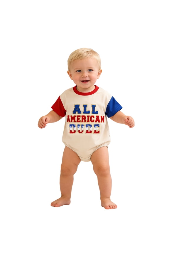 Toddler Baby Boys Cotton Bodysuit 4Th Of July Patriotic Short Sleeve Romper With Snaps Letter Embroidery Crew Neck Summer Casual Everyday Wear Cute Home Overall,Beige,6-12 Months