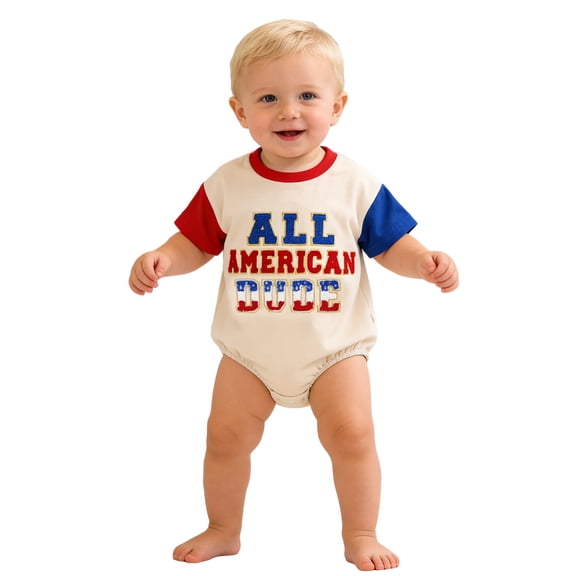 WEIGFI Toddler Baby Boys Cotton Bodysuit 4Th Of July Patriotic Short Sleeve Romper With Snaps Letter Embroidery Crew Neck Summer Casual Everyday Wear Cute Home Overall,Beige,6-12 Months