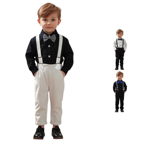 WEIGFI Toddler Baby Boys Foamal Suit Dressy Outfit Sets Long Sleeve Button Shirt And Pants Suspenders Bowknot 4 Piece Set Gentleman Stage Performance Wedding Cool Party Clothes,Black,2-3 Years