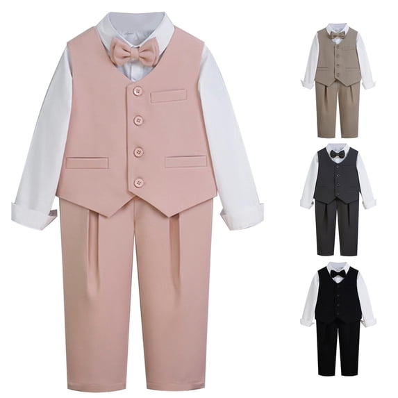 WEIGFI Toddler Baby Boys Foamal Suit Dressy Outfit Sets Long Sleeve Shirt Top And Pants Vest Bowknot 4 Piece Set Gentleman Piano Performance Wedding Cute Vacation Clothes,Pink,4-5 Years