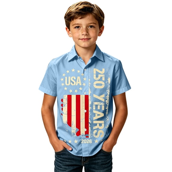 WEIGFI Toddler Baby Boys Tee Stars Stripes Patriotic Graphic Button Down Shirt Lapel Short Sleeve Relaxed Fit Outdoor Lightweight Summer Casual Festival Wear Soft Beach Top,Light Blue,8-9 Years