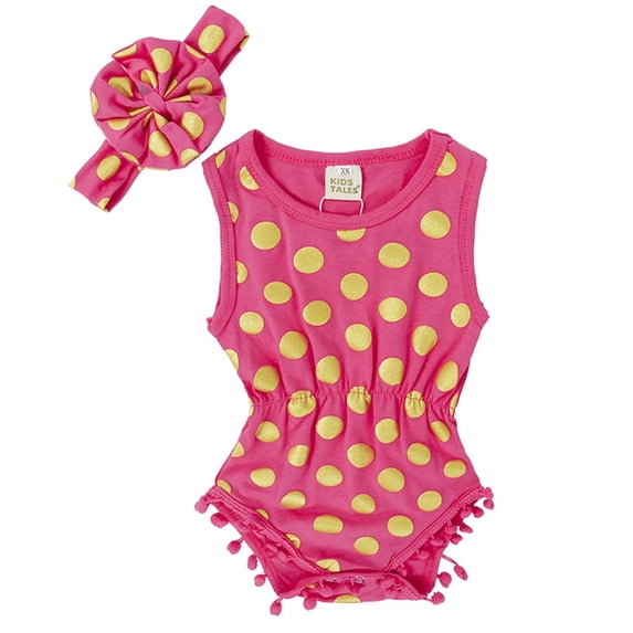 WEIGFI Toddler Baby Cotton Girls Bodysuit With Snaps Sleeveless Polka Dot Print Romper With Headband Set Crew Neck Summer Photo Shoot Wear Cute Party Overalls,Hot Pink,6-12 Months