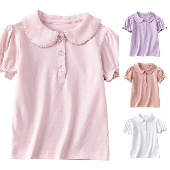 WEIGFI Toddler Baby Girls Basic Tee Soft Cotton T-Shirts Ruffles Breathable Solid Color Outdoor Playwear Short Sleeve Lapel Casual Daily Wear Summer Comfort Beach Tops,PK,3-4 Years