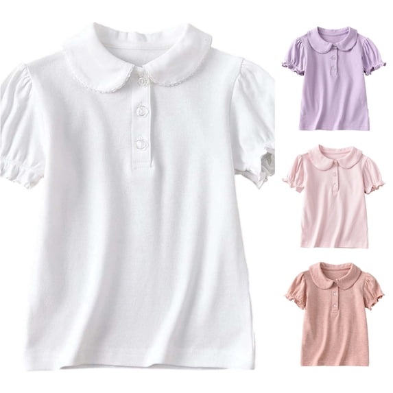 WEIGFI Toddler Baby Girls Basic Tee Soft Cotton T-Shirts Ruffles Breathable Solid Color Outdoor Playwear Short Sleeve Lapel Casual Daily Wear Summer Comfort Beach Tops,White,6-7 Years