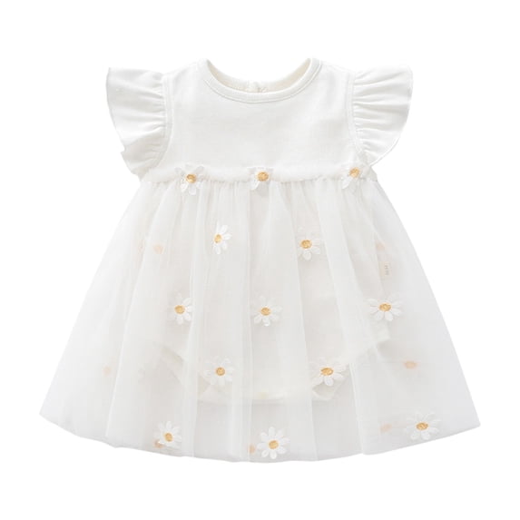 WEIGFI Toddler Baby Girls Dresses Fly Sleeve Floral Summer Tulle Princess Birthday Wedding Tutu Casual Daily Wear Crew Neck Cute Beach Sundress,White,0-3 Months