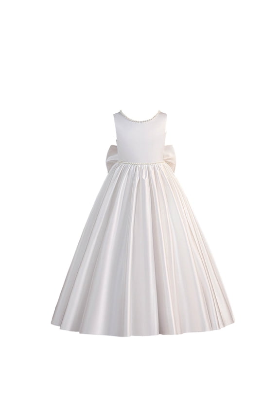 Toddler Baby Girls Dresses Wedding Ball Gown Formal Dressy Solid Color Crew Neck Sleeveless Bowknot Pearl Performance Pleated Tulle Flowing Elegant Cozy Beach Sundress,White,8-9 Years