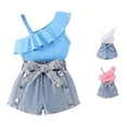thumbnail image 1 of WEIGFI Toddler Girls Outfit Sets Off Shoulder Tank Top And Denim Shorts 2 Piece Sleeveless Solid Color Bowknot Waist Belt Playwear Casual Summer Everyday Wear Lovely Vacation Set,Blue,3-4 Years, 1 of 5