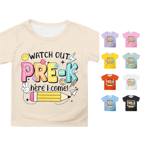 WEIGFI Toddler Kid Girls Back To School Tee Shirts Kindergarten First Day Of School Clothes Letter Graphic Short Sleeve Crew Neck Casual Daily Wear Summer Cozy Party Tops,Beige,3-4 Years