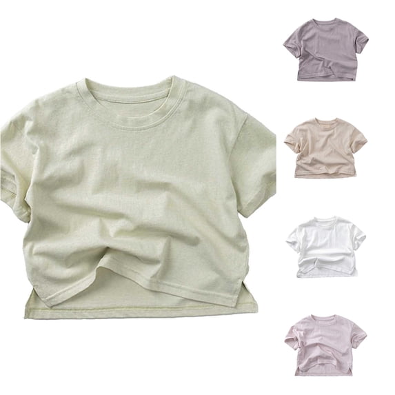 WEIGFI Toddler Kid Girls Basic Tee Soft Cotton T-Shirts Breathable Solid Color Outdoor Playwear Short Sleeve Crew Neck Casual Daily Wear Summer Sweet Beach Tops,Green,5-6 Years