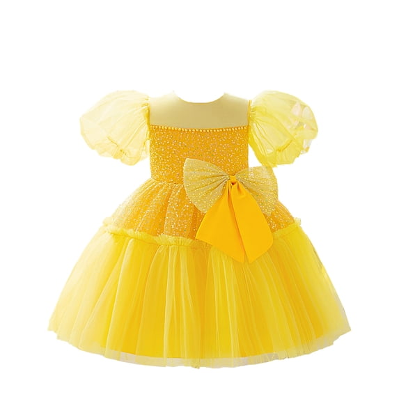 WEIGFI Toddler Kid Girls Dress Bowknot Layered Sparkly Elegant Wedding Ball Gown Formal Birthday Princess Tulle Tutu Performance Summer Crew Neck Puffy Sleeve Cute Beach Sundress,Yellow,4-5 Years