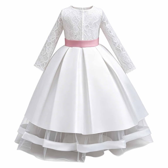WEIGFI Toddler Kid Girls Dress Performance Ball Gown Formal Dressy Solid Color Long Sleeves Crew Neck Princess Lace Tiered Wedding Graduation Elegant Cute Photo Sundress,White,4-5 Years