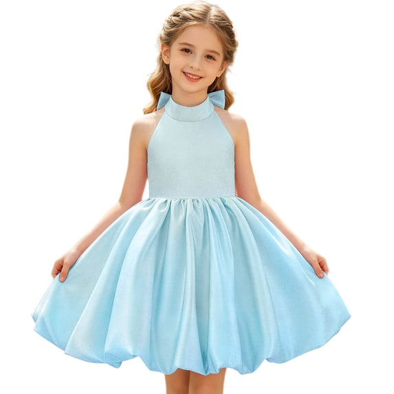 WEIGFI Toddler Kid Girls Dresses Graduation Puff Tutu Ball Gown Formal Dressy Bowknot Elegant Solid Color Halter Neck Strapless Performance Wedding Dress Sweet Party Sundress,Sky Blue,6-7 Years