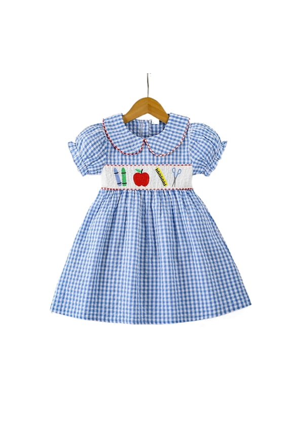 Toddler Kid Girls Dresses Puff Sleeves Peter Pan Collar Floral Embroidery Lattice Princess Birthday Clothes School Summer Daily Peter Pan Collar Cozy Vacation Sundress,Blue,4-5 Years