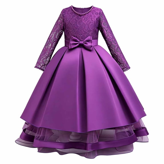 WEIGFI Toddler Kid Girls Dresses Wedding Ball Gown Formal Dressy Solid Color Long Sleeves Crew Neck Princess Lace Tiered Performance Graduation Elegant Sweet Party Sundress,Purple,9-10 Years