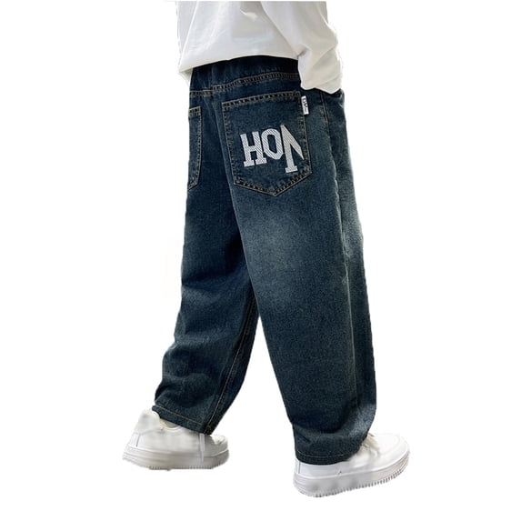 WEIGFI Toddler Kids Boys Denim Jeans Embroidery Elastic Waist With Pockets Straight Leg Lightweight Loose Fit Casual School Daily Wear Cool Party Bottoms