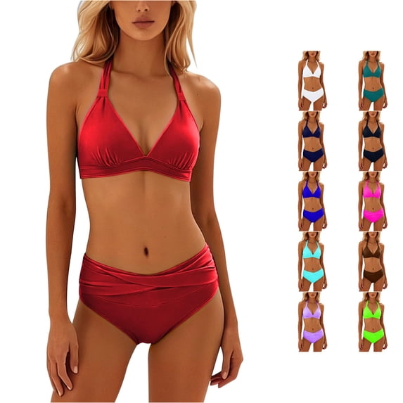 WEIGFI Women'S Bikini Sets 2 Piece Bathing Suit Push Up Top And High Waist Bottom Halter Neck Cheeky Swimwear Solid Color Elegant Triangle Summer Pool Sweet Party Swim Wear,Red,M