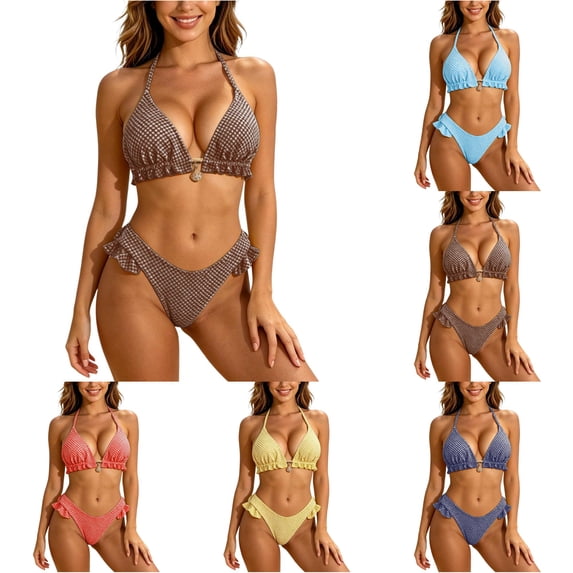 WEIGFI Women'S Bikini Sets 2 Piece Swimsuit Plaid Ruffles Trim Tops And Bottom Halter Neck Cheeky Swimwear Elegant Triangle Summer Pool Sweet Party Swim Wear,Coffee,M