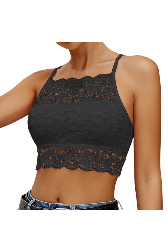 Women'S Vest Undershirts Sleeveless Lace Basic Crop Blouse Slim Fit Spaghetti Strap Solid Color Summer Casual Wear Comfort Trendy Street Tops,Black,XL