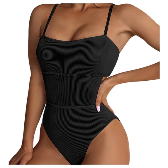 WEIGFI Women's Swimsuit One-Piece Spaghetti Strap Crew Neck Beachwear Solid Color Bathing Suit Tummy Control Stylish Vacation Swimsuit,Black,L