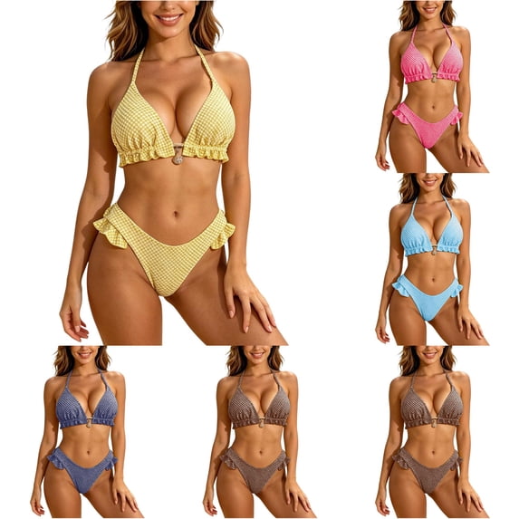 WEIGFI Womens Bikini Sets 2 Piece Bathing Suit Plaid Ruffles Tops And Bottom Halter Neck Cheeky Swimwear Elegant Triangle Summer Pool Casual Holiday Beachwear,Yellow,L