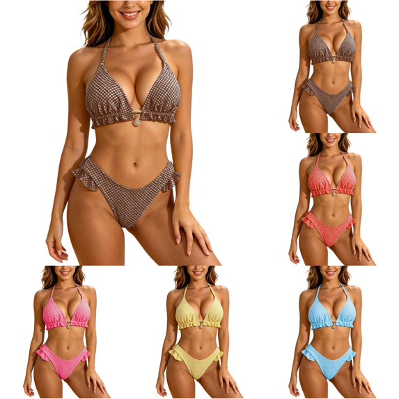 WEIGFI Womens Bikini Sets 2 Piece Bathing Suit Plaid Ruffles Tops And Bottom Halter Neck Cheeky Swimwear Elegant Triangle Summer Pool Comfort Holiday Swim Wear,Black,L