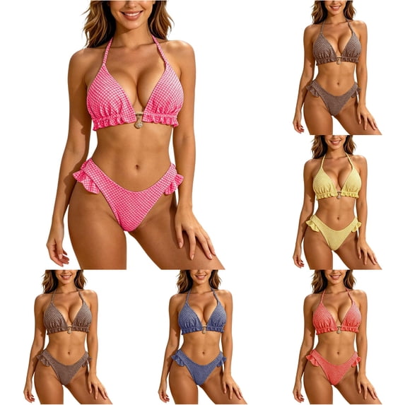 WEIGFI Womens Bikini Sets 2 Piece Bathing Suit Plaid Ruffles Tops And Bottom Halter Neck Cheeky Swimwear Elegant Triangle Summer Pool Sweet Party Swim Wear,RD,L