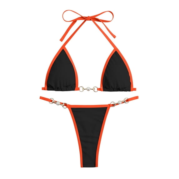 WEIGFI Womens Bikini Sets 2 Piece Swimwear Top And Thong Bottom Halter Neck Cheeky Swimsuit Bright Color Trim Elegant Triangle Summer Pool Sweet Party Swim Wear,Black,L