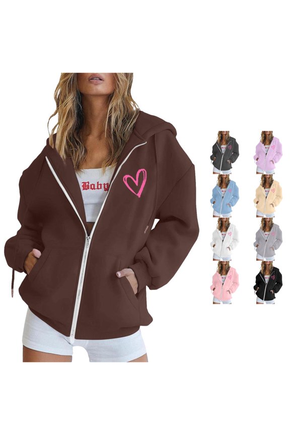 Womens Hoodie Jacket Zip Up Graphic Hooded Love Heart Print Sweatshirt Oversized Coat With Pocket Soft Long Sleeve Casual Fall Winter Leisure Street Daily Wear,Coffee,XXL