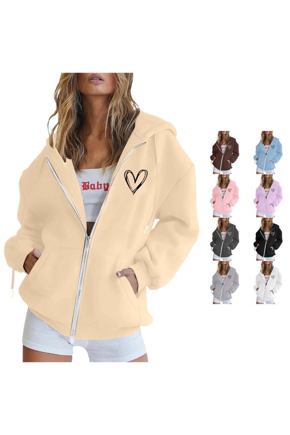 Womens Hoodies Zip Up Hooded Jacket Graphic Love Heart Print Sweatshirt Oversized Coat With Pocket Soft Long Sleeve Casual Fall Winter Leisure Street Daily Wear,Beige,XXL