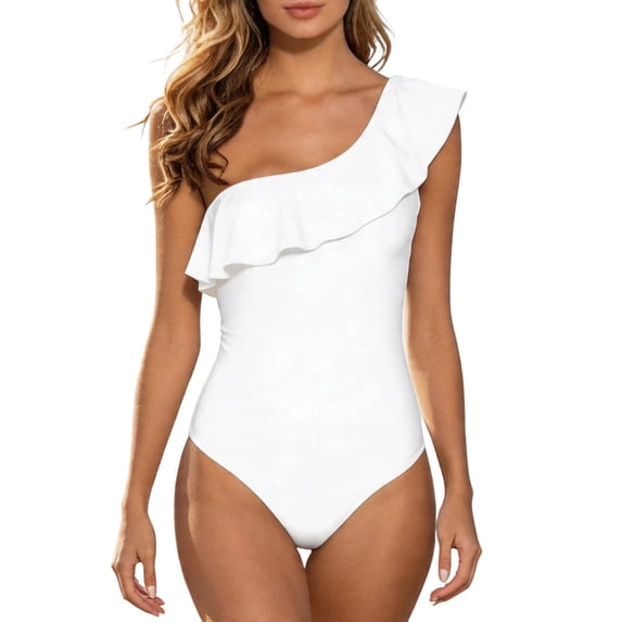 WEIGFI Womens Swimwear One-Piece Holiday Elegant One Shoulder Flowy Ruffles Bathing Suit Solid Color Beachwear Tummy Control Stylish Pool Swimsuit,White,S
