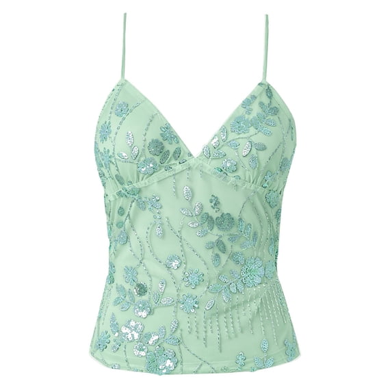 WEIGFI Womens Tank Tops Sleeveless Undershirts Sequins Lace Y2K Blouse Slim Fit Spaghetti Strap Solid Color Summer Wear Casual Comfort Soft Dates Tops,Mint Green,M