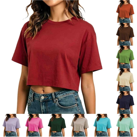 WEIGFI Womens Tee Loose Fit Cropped Crew Neck Workout Tops Short Sleeve Party Date Solid Color Trendy Comfort Beach Daily Wear,Green,L