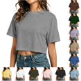 thumbnail image 1 of WEIGFI Womens Tshirts Loose Fit Workout Cropped Tops Running Crew Neck Short Sleeve Lightweight Clothes Solid Color Trendy Comfort Beach Everyday Wear,Gray,S, 1 of 2