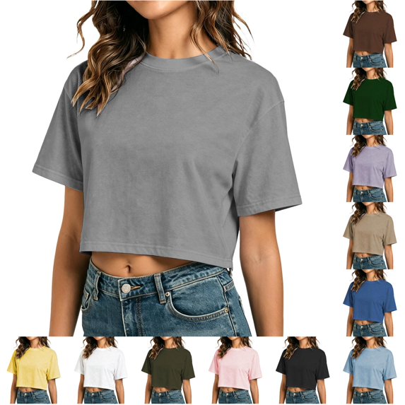 WEIGFI Womens Tshirts Loose Fit Workout Cropped Tops Running Crew Neck Short Sleeve Lightweight Clothes Solid Color Trendy Comfort Beach Everyday Wear,Gray,S