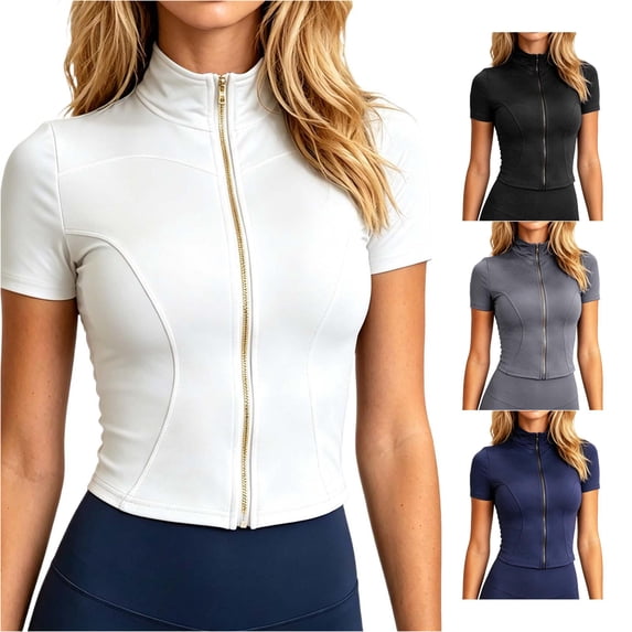 WEIGFI Workout T-Shirts For Women Loose Fit Zip Up Tops Yoga Running Stand Collar Short Sleeve Lightweight Clothes Solid Color Trendy Casual Vacation Daily Wear,White,L
